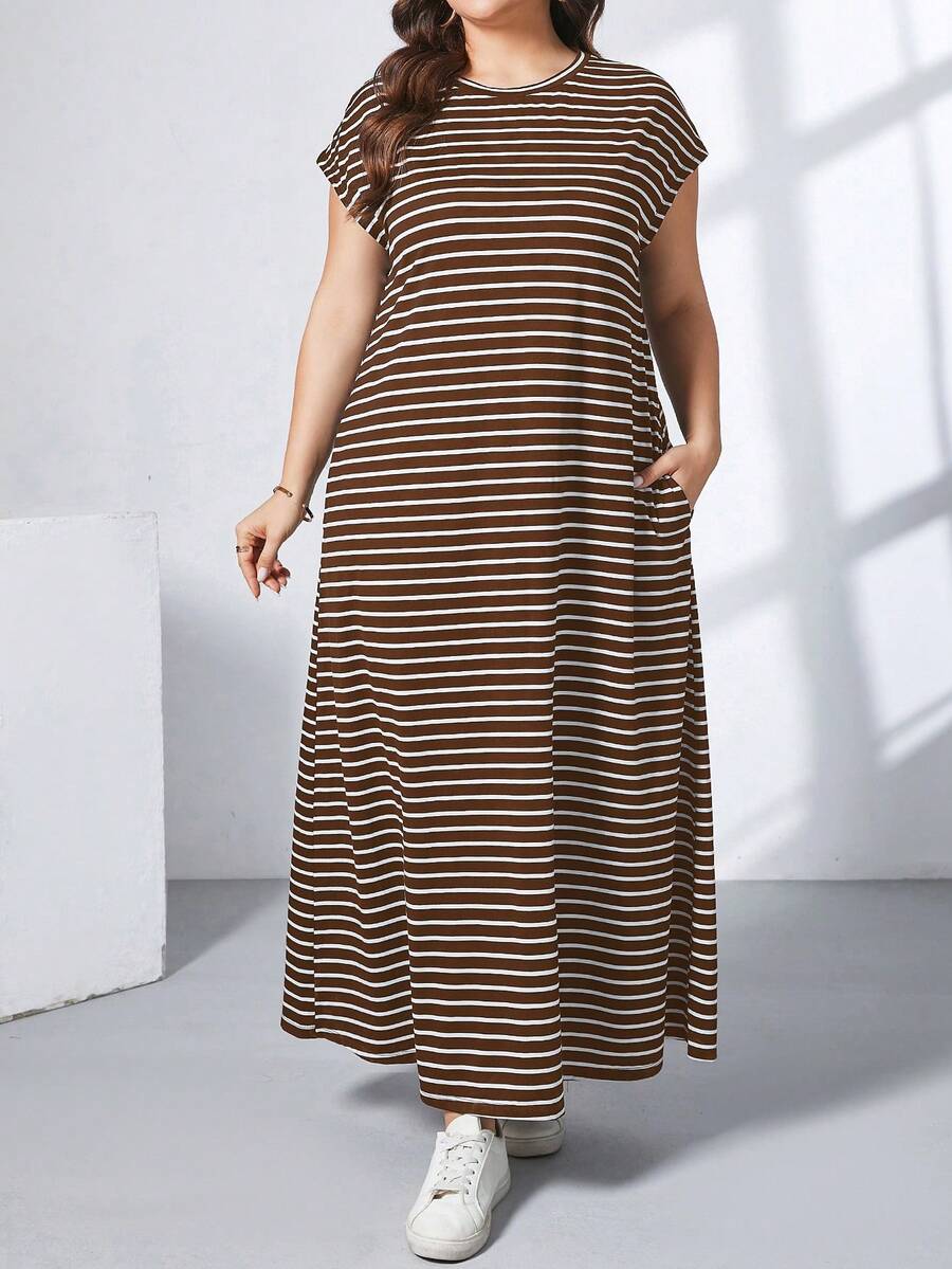 Ženska ležerna haljina plus size, jednobojna, sa okruglim izrezom, kratkim rukavima i džepom