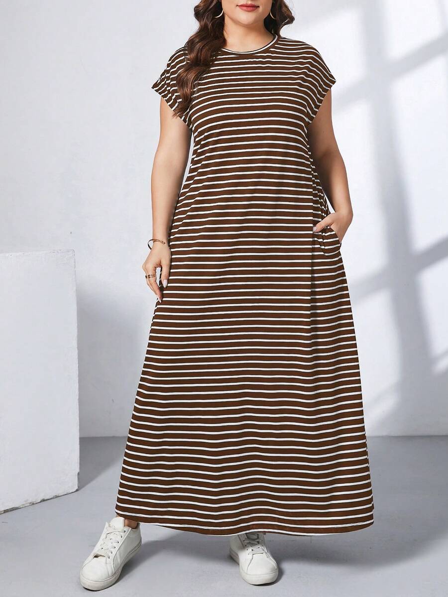 Ženska ležerna haljina plus size, jednobojna, sa okruglim izrezom, kratkim rukavima i džepom