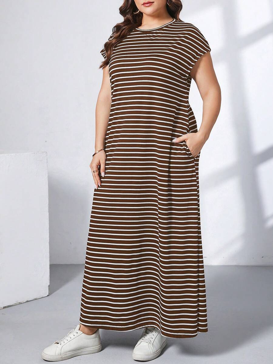 Ženska ležerna haljina plus size, jednobojna, sa okruglim izrezom, kratkim rukavima i džepom
