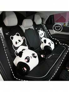 1pc Universal Car Seat Cushion, Plush Warm Panda Design Soft Comfortable Car Seat Protector With Neck Pillow, Suitable For Most Vehicles, Car Accessories