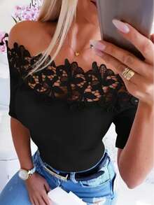 Women's Solid Color Short Sleeve Off-Shoulder Ruffle Splice T-Shirt, Casual Slim Fit Elegant Top For Commuting & Daily Wear Black Summer