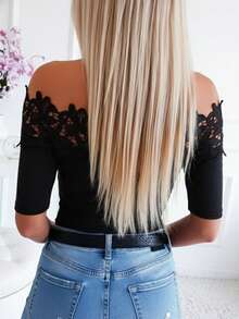 Women's Solid Color Short Sleeve Off-Shoulder Ruffle Splice T-Shirt, Casual Slim Fit Elegant Top For Commuting & Daily Wear Black Summer