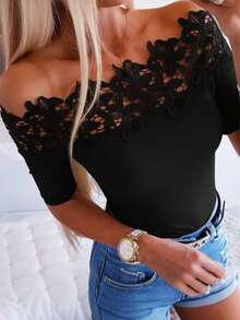 Women's Solid Color Short Sleeve Off-Shoulder Ruffle Splice T-Shirt, Casual Slim Fit Elegant Top For Commuting & Daily Wear Black Summer