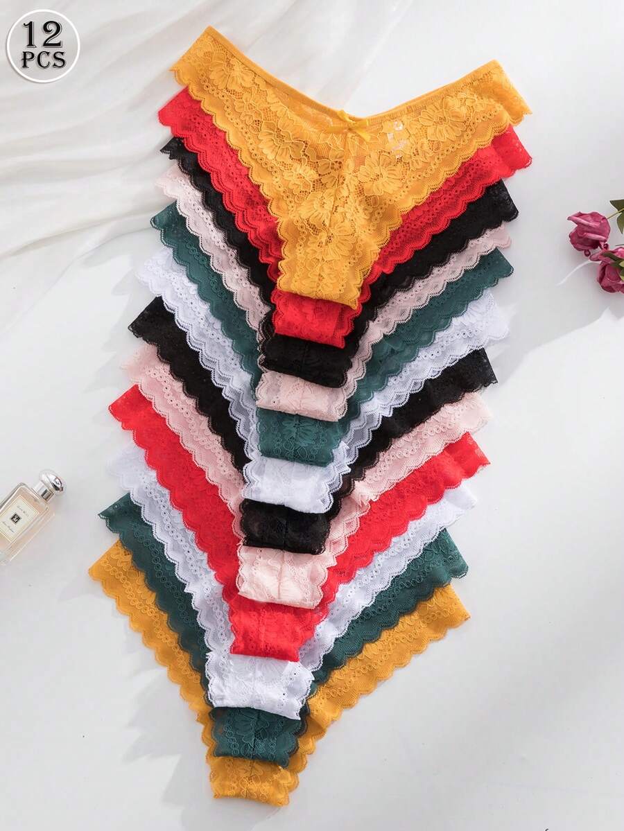 12 kom/pakovanje ženske elegantne i udobne bikini gaćice sa čipkastom ivicom