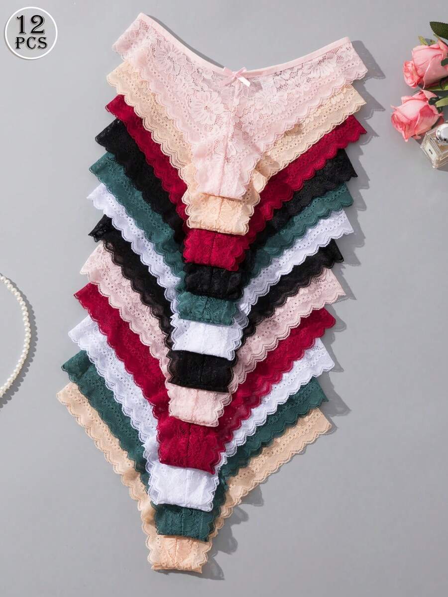 12 kom/pakovanje ženske elegantne i udobne bikini gaćice sa čipkastom ivicom