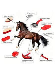 10pcs Horse Grooming Kit, Horse Care Set, Includes Horse Brush, Curry Comb, Hoof Pick, Sweat Scraper For Horse Riding Care