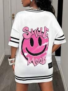 Slaydiva Women's White And Pink Summer Mini Dress,Atletic City Break Music Festival Sports Street V-Neck Smile Slogan Striped Print Loose Knitted Graphic Tee