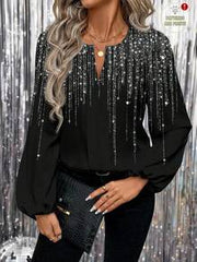 EMERY ROSE Women's Chic Black And Silver Glitter Rhinestone Tassel Graphic Print V-Neck Long Sleeve Blouse