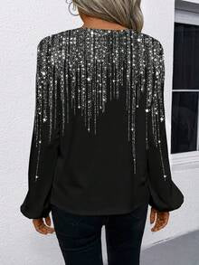 EMERY ROSE Women's Chic Black And Silver Glitter Rhinestone Tassel Graphic Print V-Neck Long Sleeve Blouse