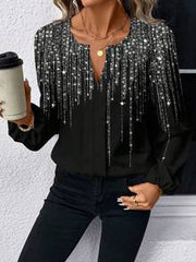 EMERY ROSE Women's Chic Black And Silver Glitter Rhinestone Tassel Graphic Print V-Neck Long Sleeve Blouse
