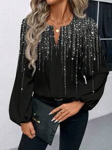 EMERY ROSE Women's Chic Black And Silver Glitter Rhinestone Tassel Graphic Print V-Neck Long Sleeve Blouse