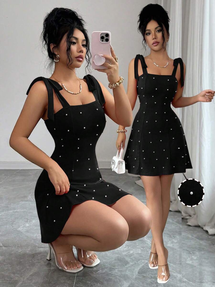 Ženska Elegantna Mini Haljina Jedinstvenog Dizajna sa Perlama i Mašnom