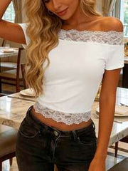 1pc Women's Elegant Off-Shoulder Lace Patchwork Elastic Fitted Solid Color Minimalist T-Shirt