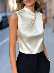 SHEIN Women's Elegant Commuter Casual Satin Sleeveless Shirt Summer Sleeveless Top For Work, Travel, Vacation, Or Special Occasions With Button Design.
