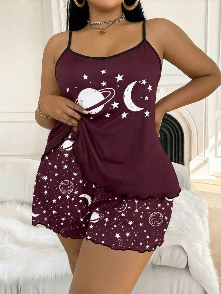 Set za spavanje sa topom na bretele i šorts sa crtanim printom mačke, plus size