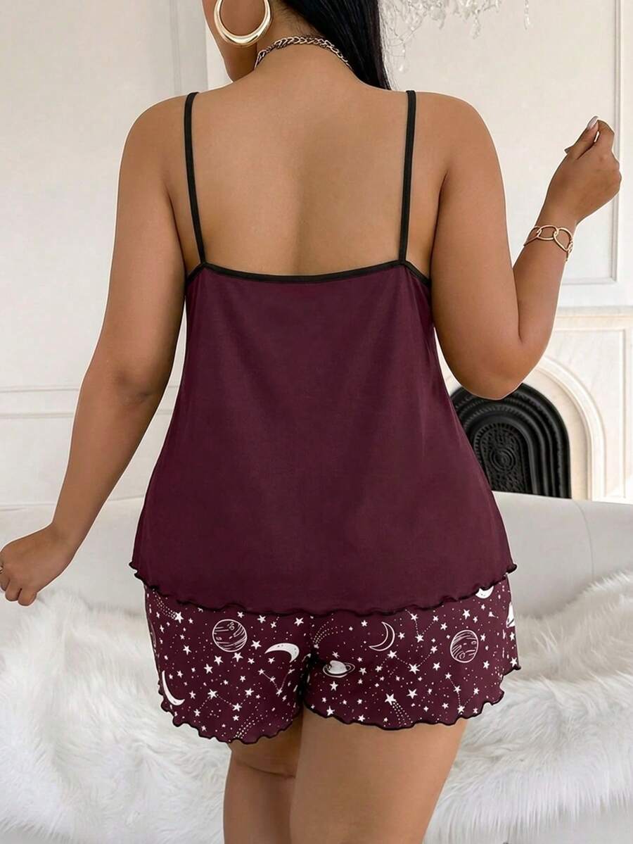 Set za spavanje sa topom na bretele i šorts sa crtanim printom mačke, plus size
