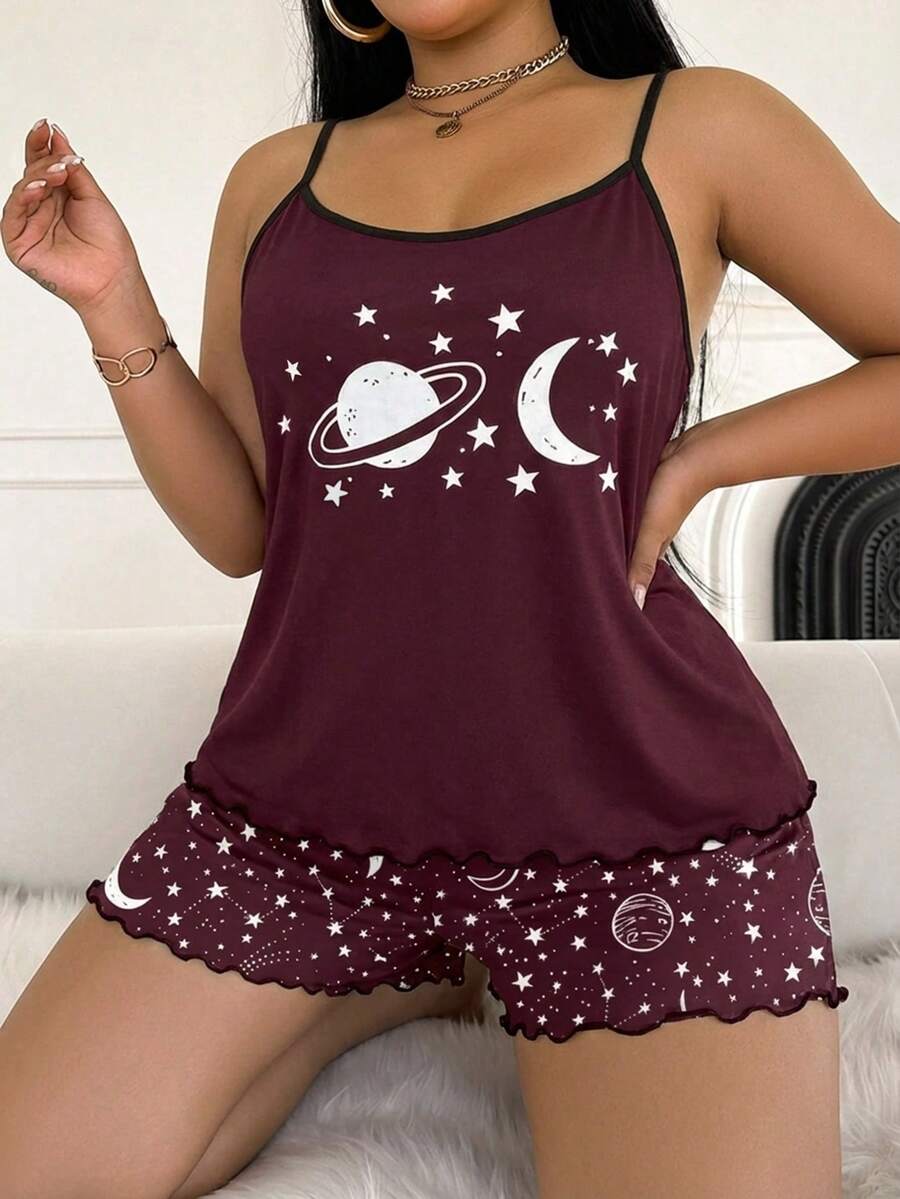 Set za spavanje sa topom na bretele i šorts sa crtanim printom mačke, plus size