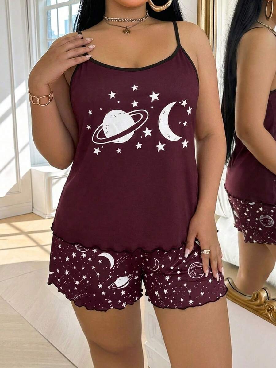 Set za spavanje sa topom na bretele i šorts sa crtanim printom mačke, plus size