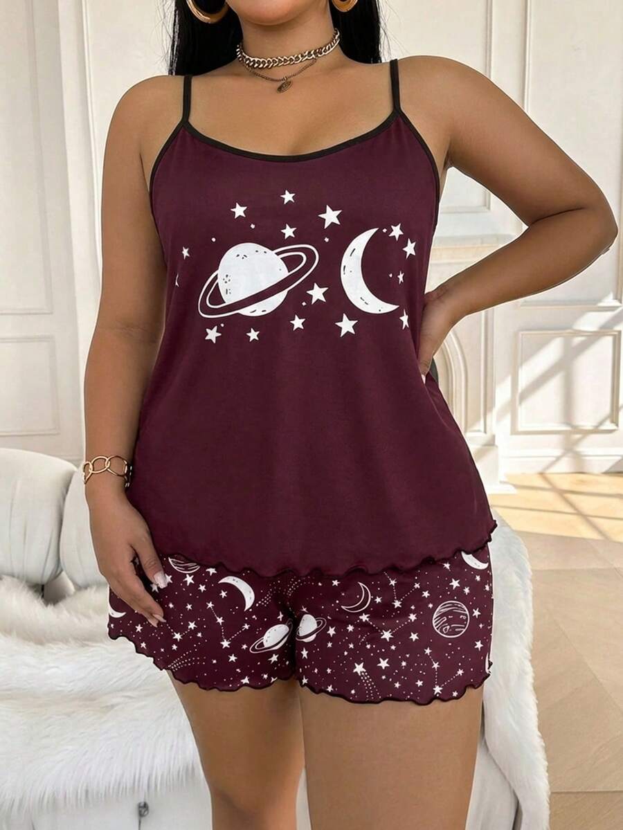Set za spavanje sa topom na bretele i šorts sa crtanim printom mačke, plus size