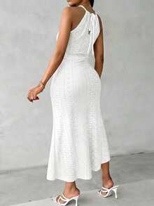 ChicMe Women's Crisscross Strap Midi Dress, Knitted Jacquard Texture Design, Slit Hollow Pleated Casual Vacation Dress Elegant White Summer