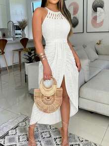 ChicMe Women's Crisscross Strap Midi Dress, Knitted Jacquard Texture Design, Slit Hollow Pleated Casual Vacation Dress Elegant White Summer