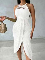 ChicMe Women's Crisscross Strap Midi Dress, Knitted Jacquard Texture Design, Slit Hollow Pleated Casual Vacation Dress Elegant White Summer