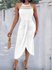 ChicMe Women's Crisscross Strap Midi Dress, Knitted Jacquard Texture Design, Slit Hollow Pleated Casual Vacation Dress Elegant White Summer