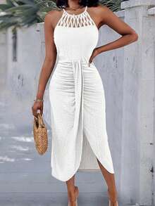 ChicMe Women's Crisscross Strap Midi Dress, Knitted Jacquard Texture Design, Slit Hollow Pleated Casual Vacation Dress Elegant White Summer