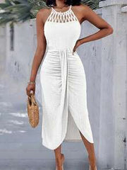 ChicMe Women's Crisscross Strap Midi Dress, Knitted Jacquard Texture Design, Slit Hollow Pleated Casual Vacation Dress Elegant White Summer