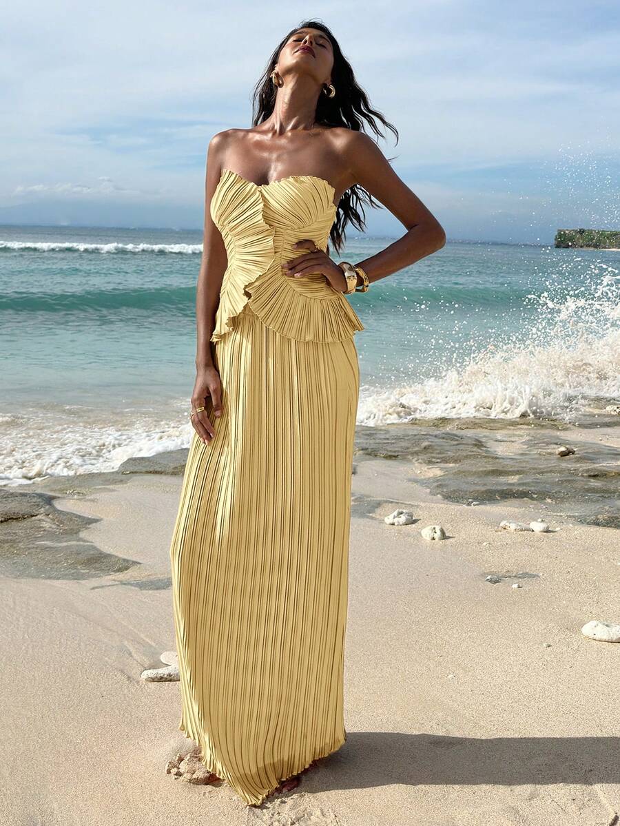 Ženski  Claret Bandeau Top & Suknja sa Visokim Strukom i Sirena Porubom