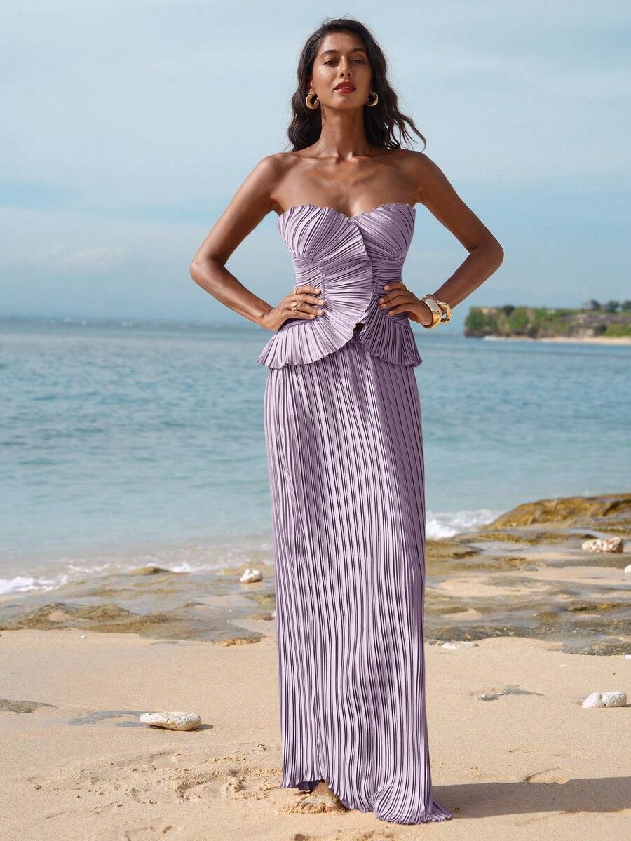 Ženski  Claret Bandeau Top & Suknja sa Visokim Strukom i Sirena Porubom