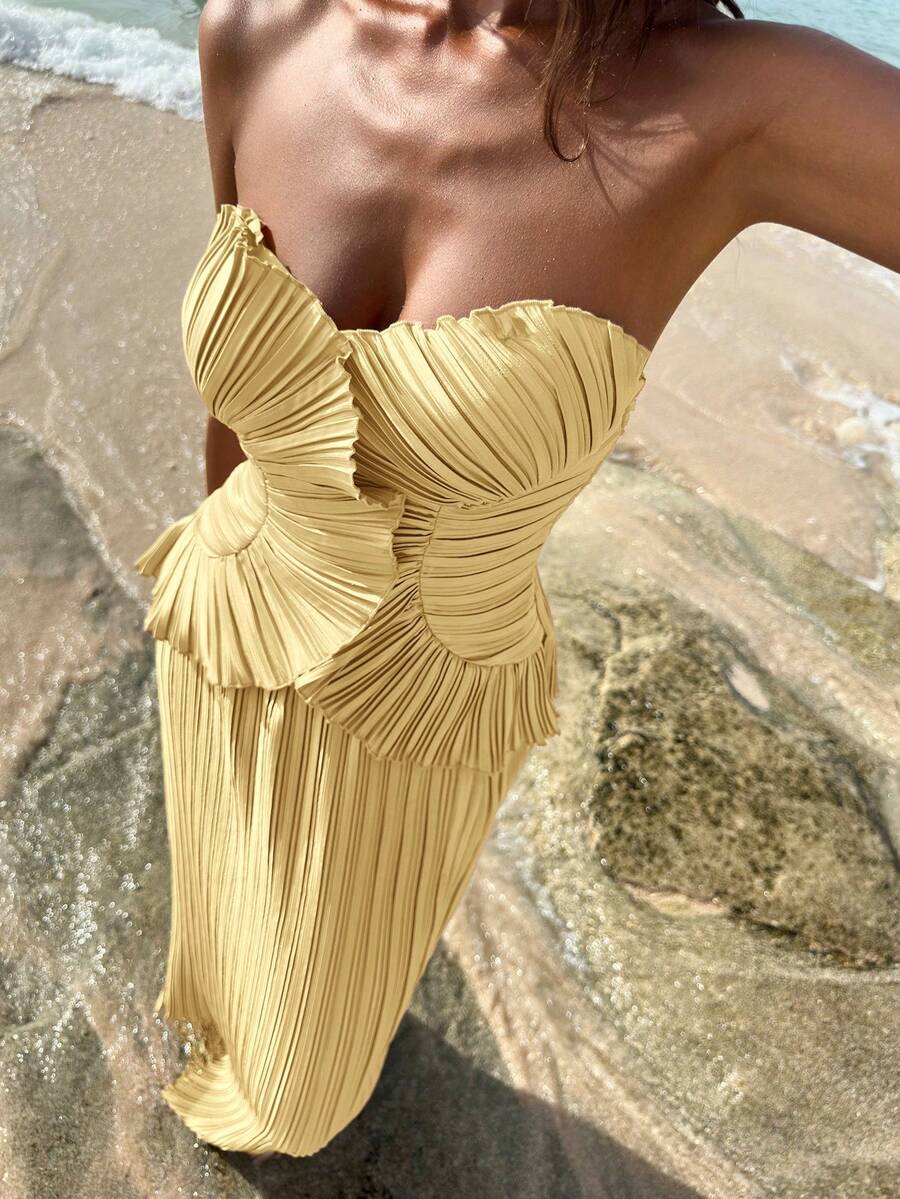Ženski  Claret Bandeau Top & Suknja sa Visokim Strukom i Sirena Porubom
