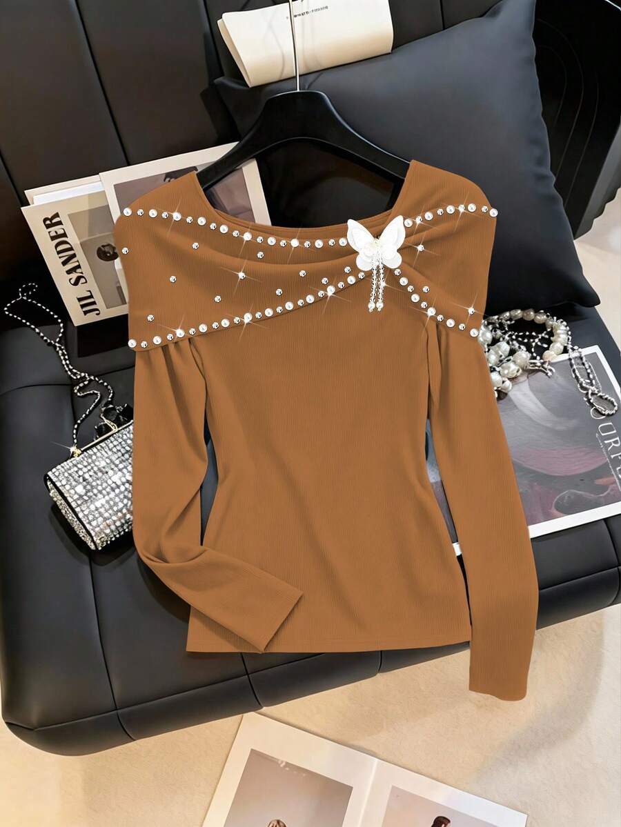 Clasi Majica plus size od crnog pletenog materijala, regular kroja, dugih rukava, sa perla detaljima