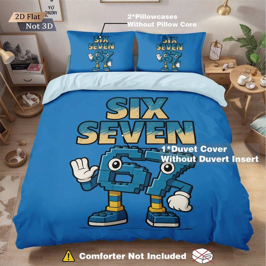Six Seven plavi komplet posteljine od 3 dela, 6&7 print: 1 navlaka za jorgan + 2 jastučnice (punjenje nije uključeno)