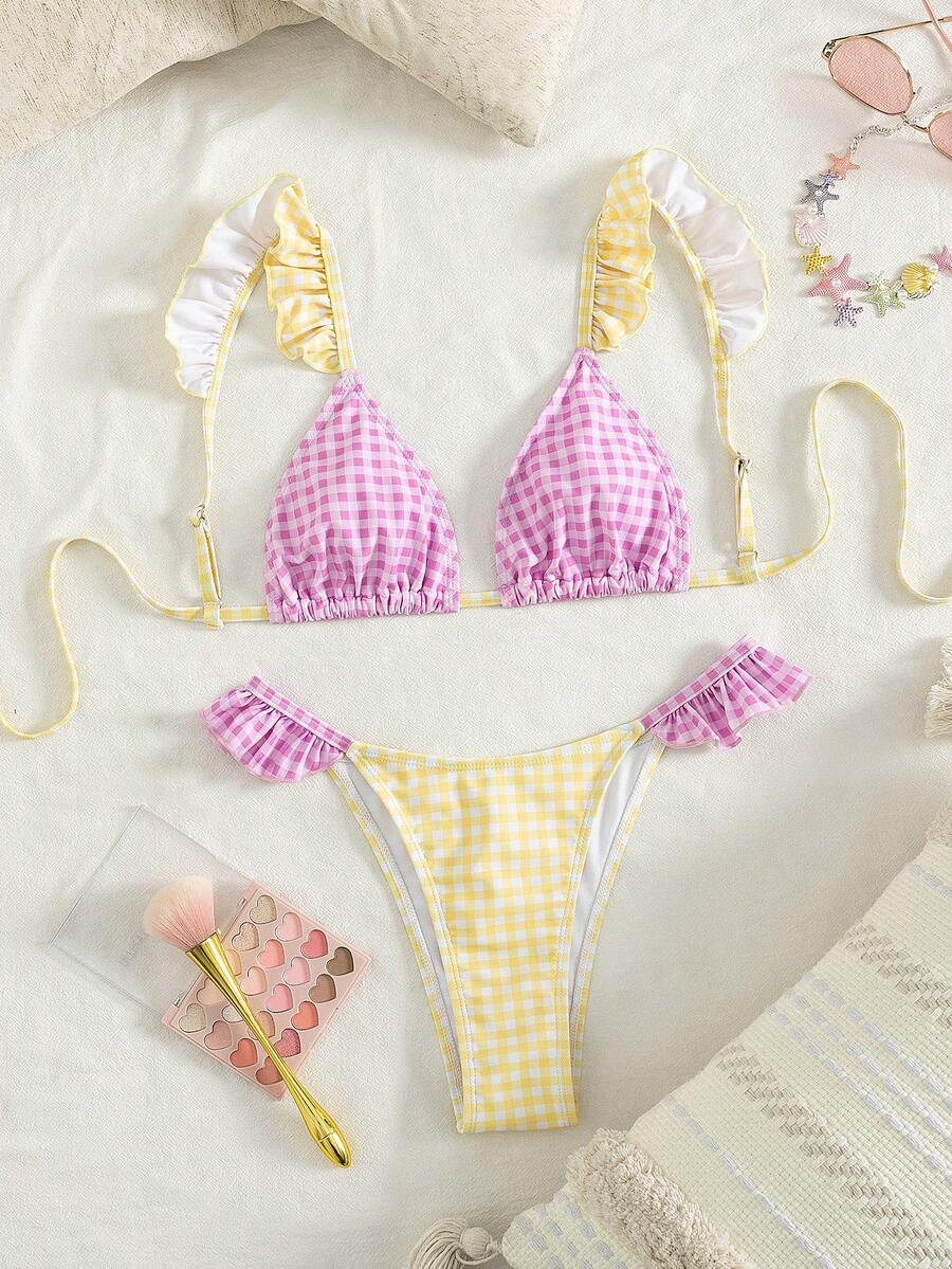 Ženski Seksi Roze i Žuti Karirani Bikini Set sa Volanima