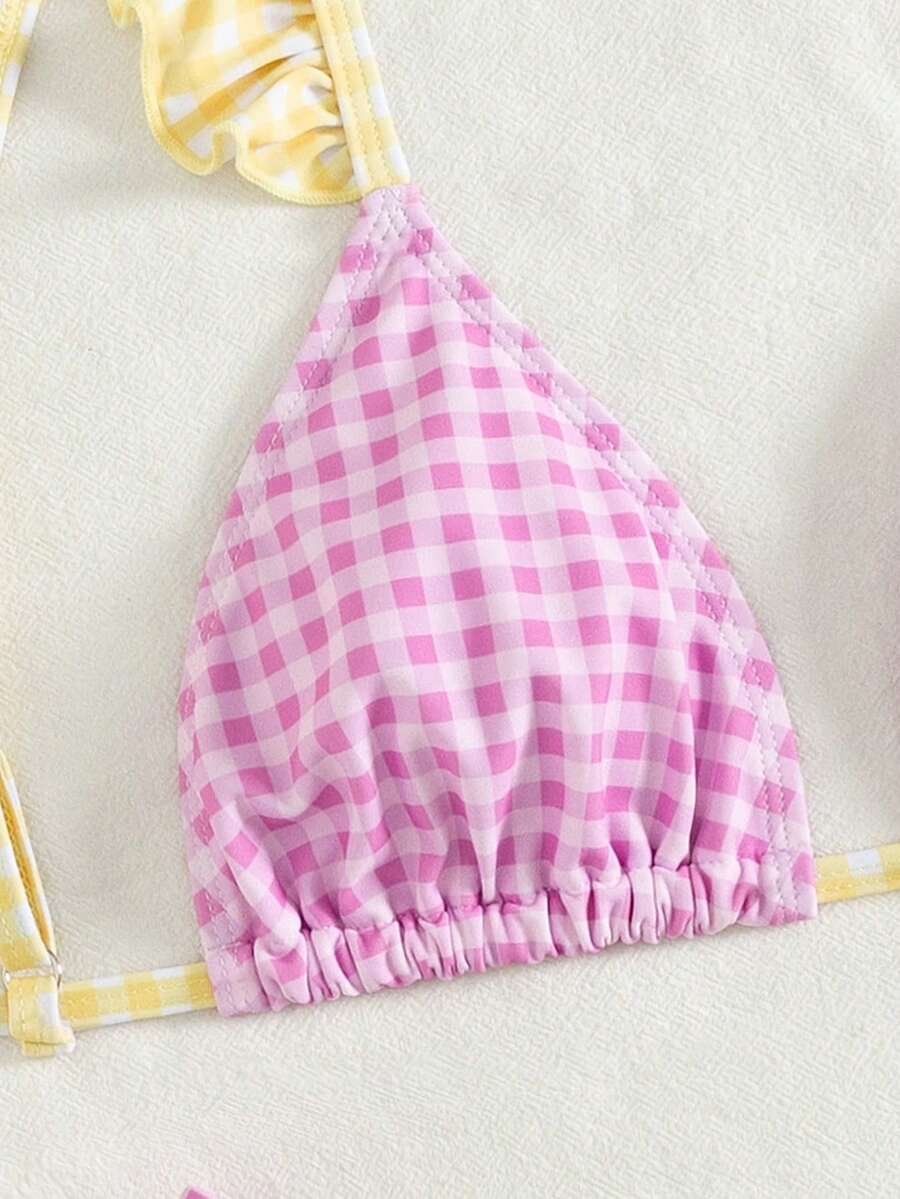 Ženski Seksi Roze i Žuti Karirani Bikini Set sa Volanima