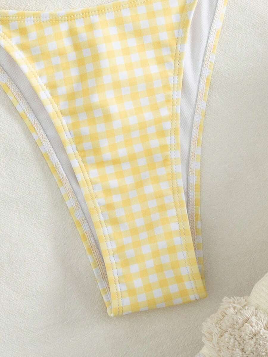 Ženski Seksi Roze i Žuti Karirani Bikini Set sa Volanima