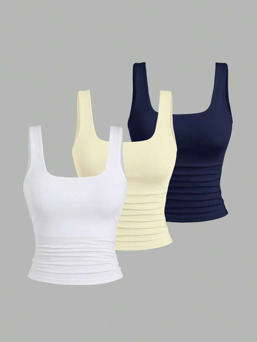 Sweetra Ženska Letnja Majica – Kvadratni Izrez, Nabran Slim Fit Casual Top