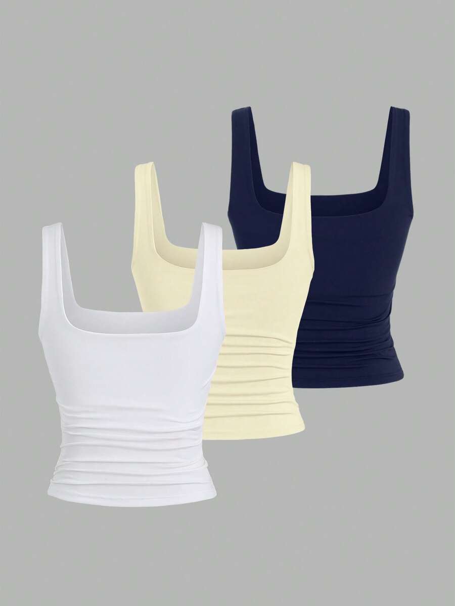 Sweetra Ženska Letnja Majica – Kvadratni Izrez, Nabran Slim Fit Casual Top
