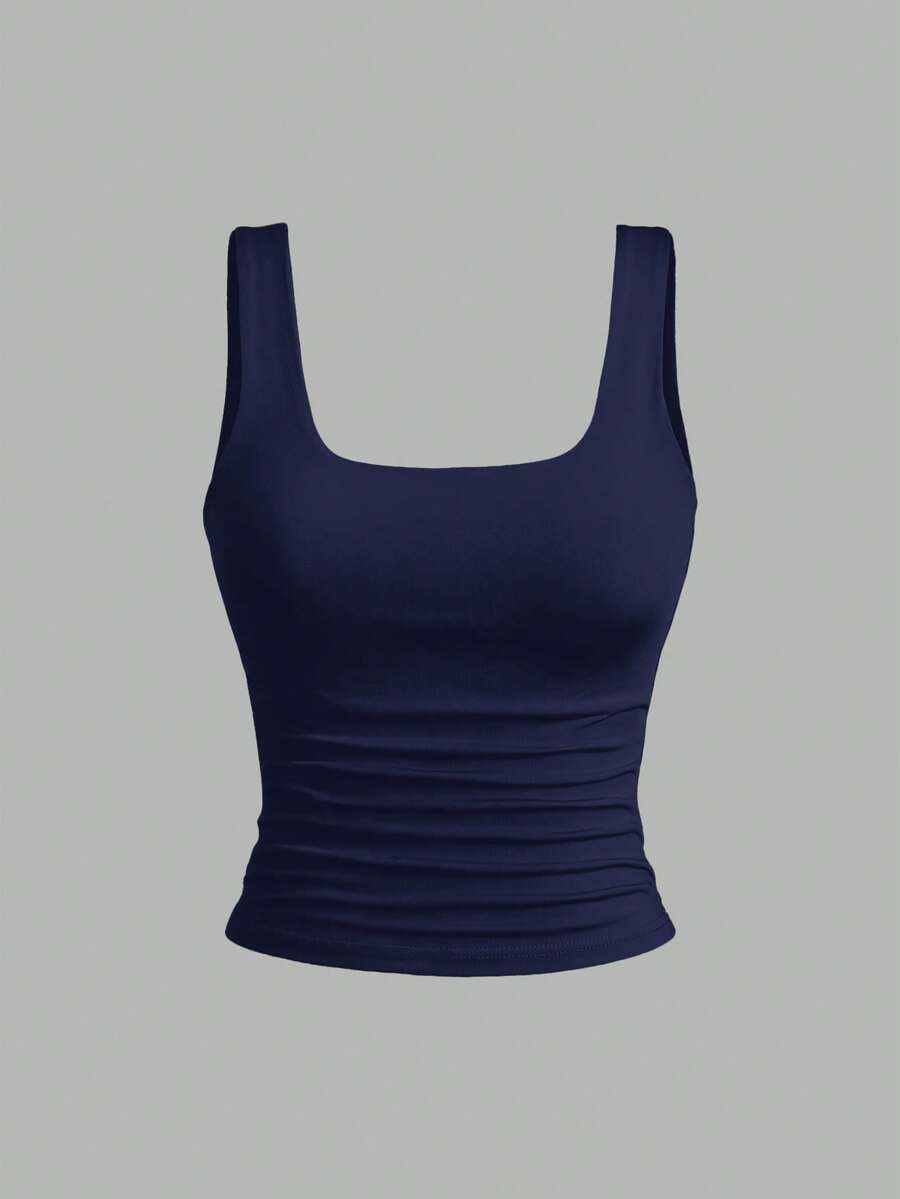 Sweetra Ženska Letnja Majica – Kvadratni Izrez, Nabran Slim Fit Casual Top
