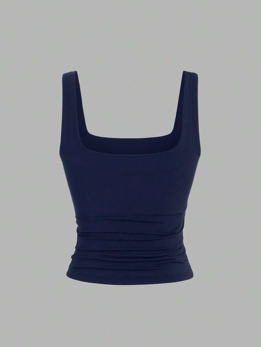 Sweetra Ženska Letnja Majica – Kvadratni Izrez, Nabran Slim Fit Casual Top