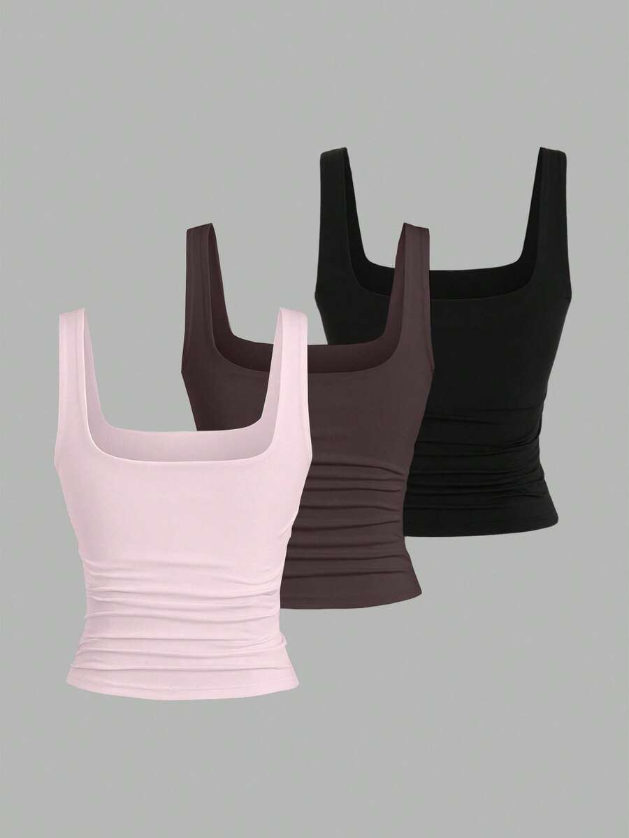 Sweetra Ženska Letnja Majica – Kvadratni Izrez, Nabran Slim Fit Casual Top