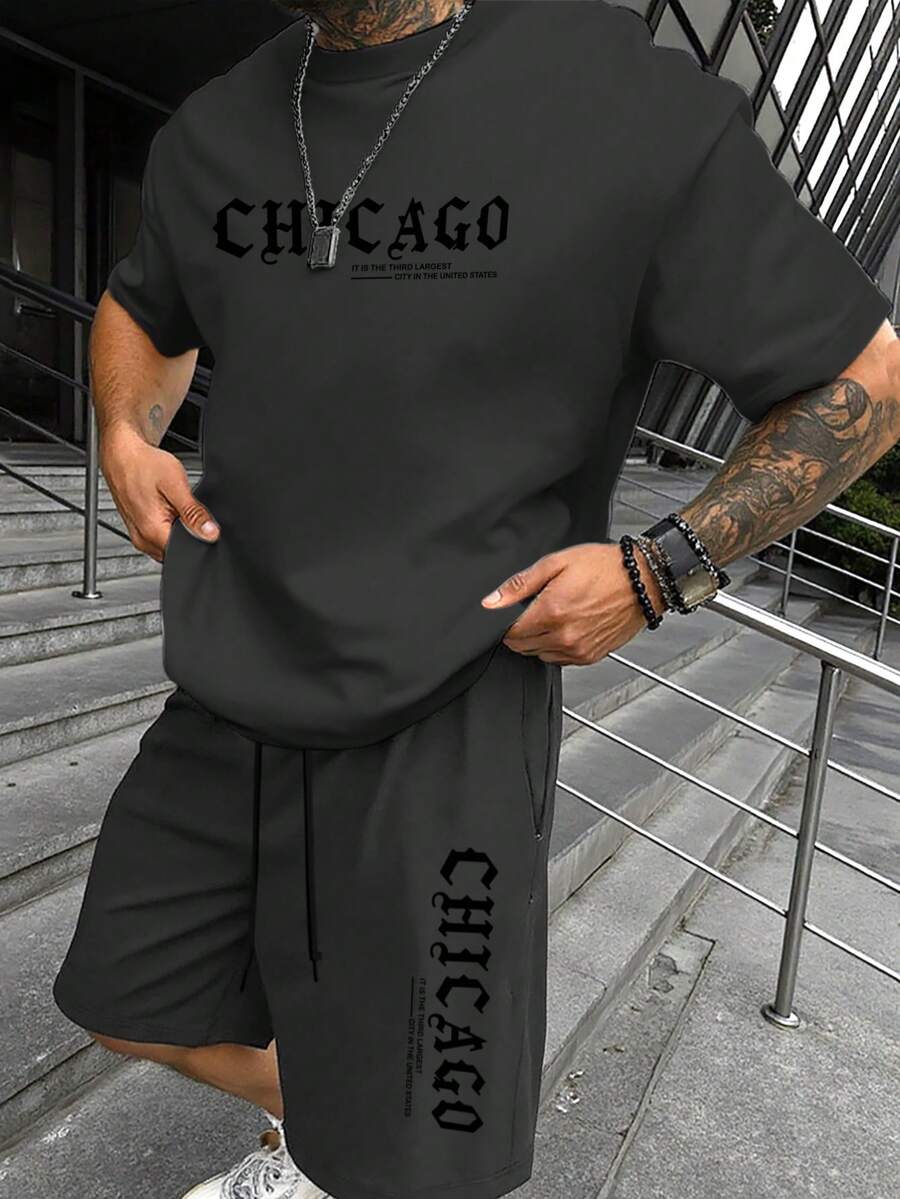 Muški streetwear komplet sa kratkim rukavima i šorts sa printom slova Chicago