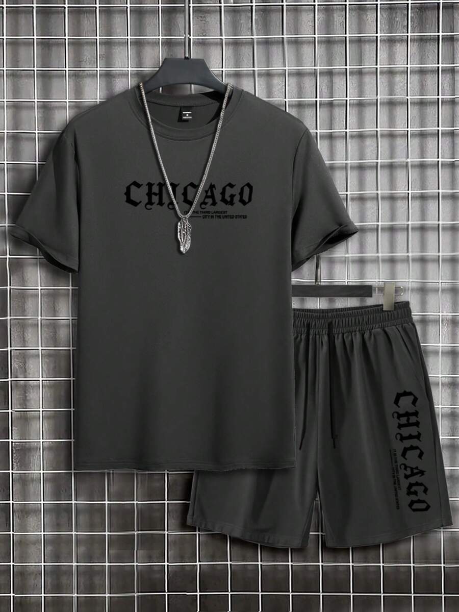 Muški streetwear komplet sa kratkim rukavima i šorts sa printom slova Chicago