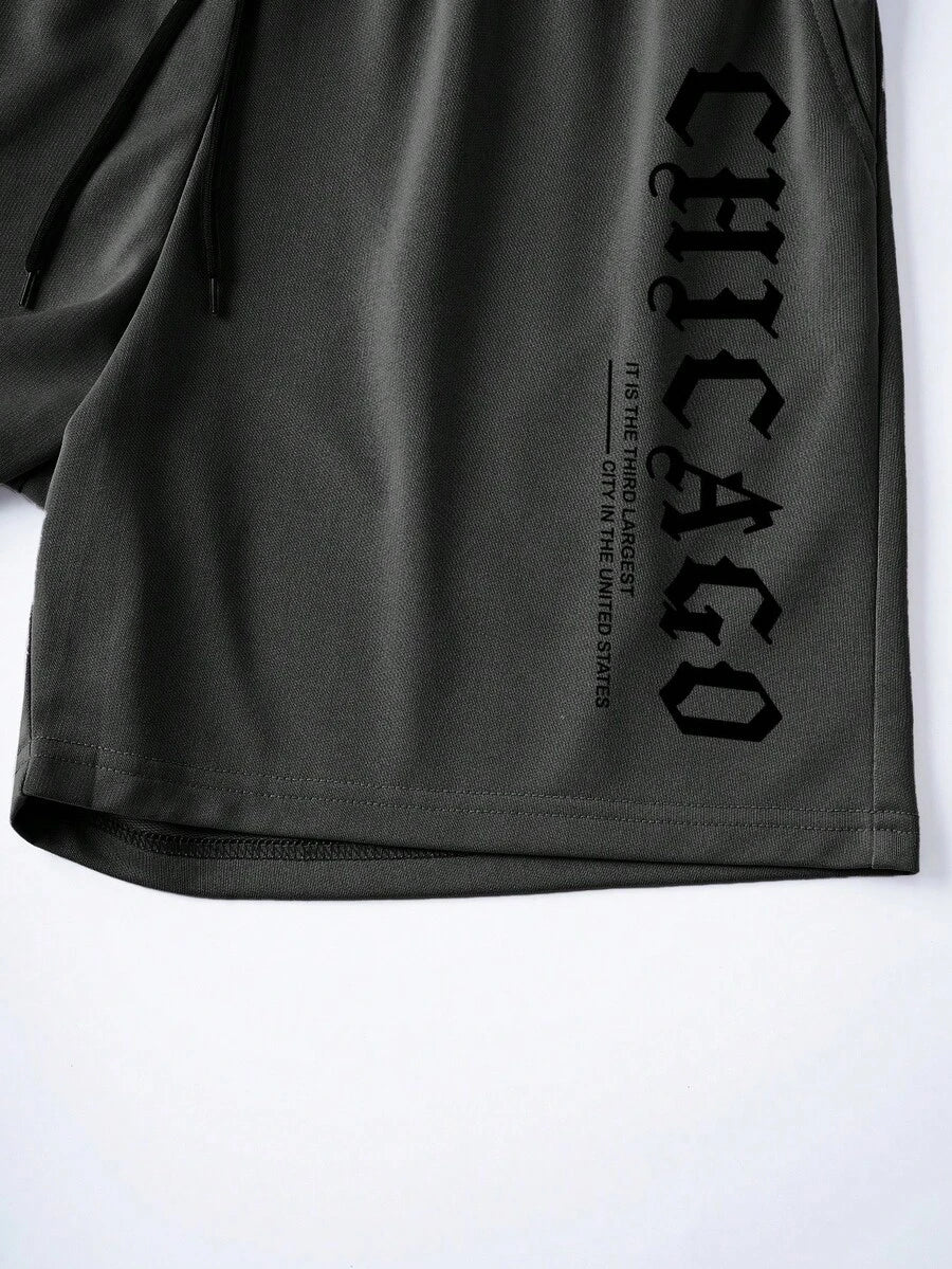 Muški streetwear komplet sa kratkim rukavima i šorts sa printom slova Chicago