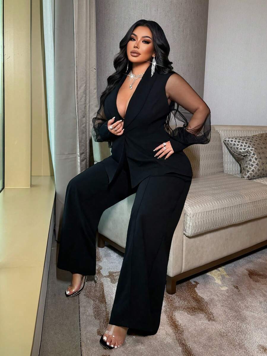 Crni mrežasti komplet odelo za posao, plus size, moderan dizajn