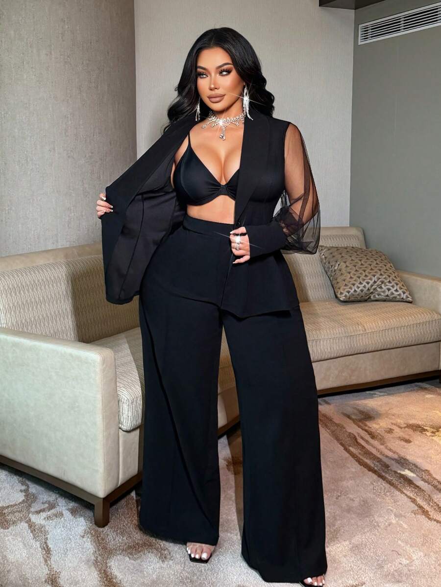 Crni mrežasti komplet odelo za posao, plus size, moderan dizajn