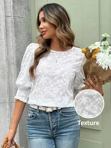 SHEIN Clasi Women's Round Neck Half Sleeve Embroidered White Floral Summer Elegent Garden Party N One Casual Shirt,Beach Vacation Festival Office Blouse Top