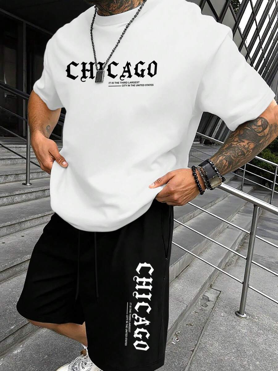 Muški streetwear komplet sa kratkim rukavima i šorts sa printom slova Chicago