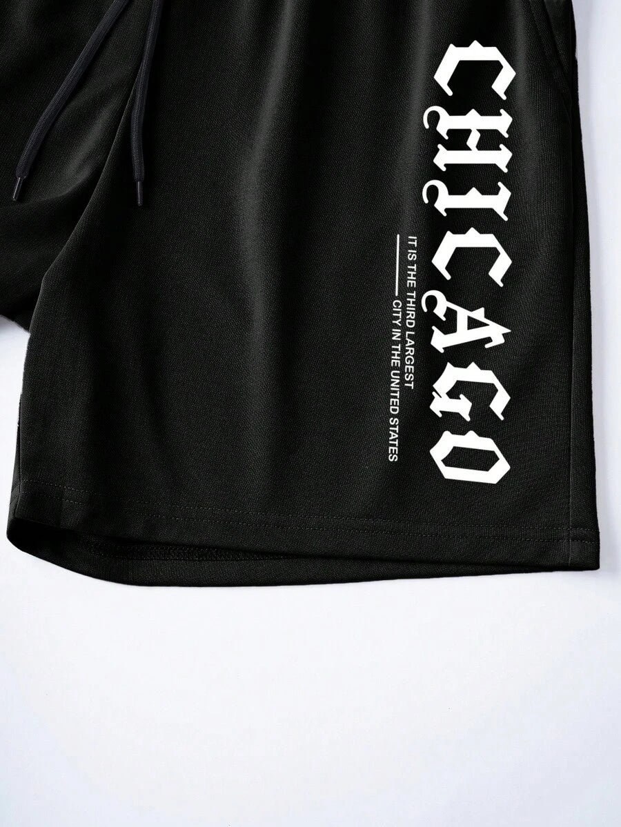 Muški streetwear komplet sa kratkim rukavima i šorts sa printom slova Chicago